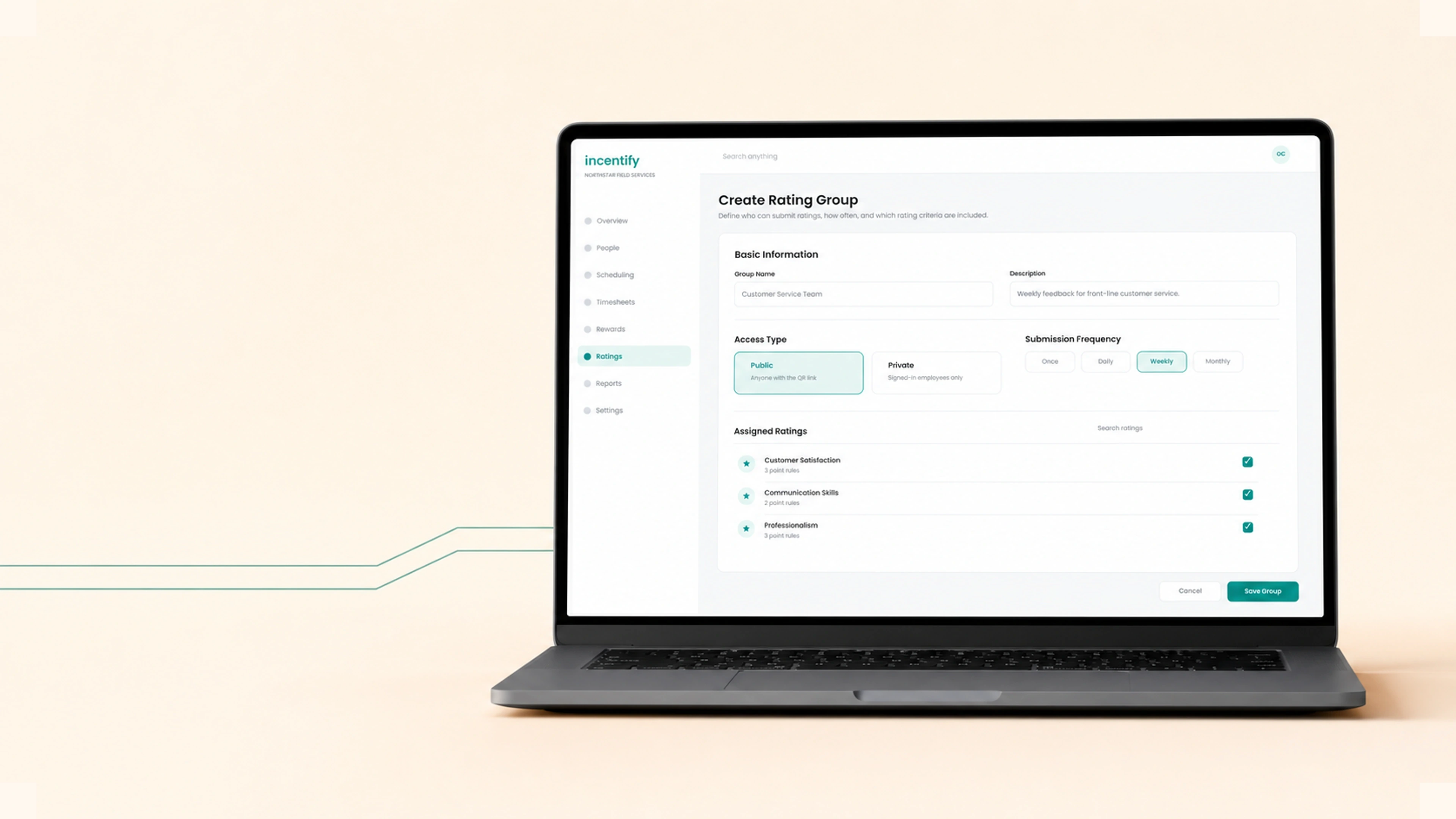 Ratings: Rating Setup keeps access, cadence, and criteria together.
