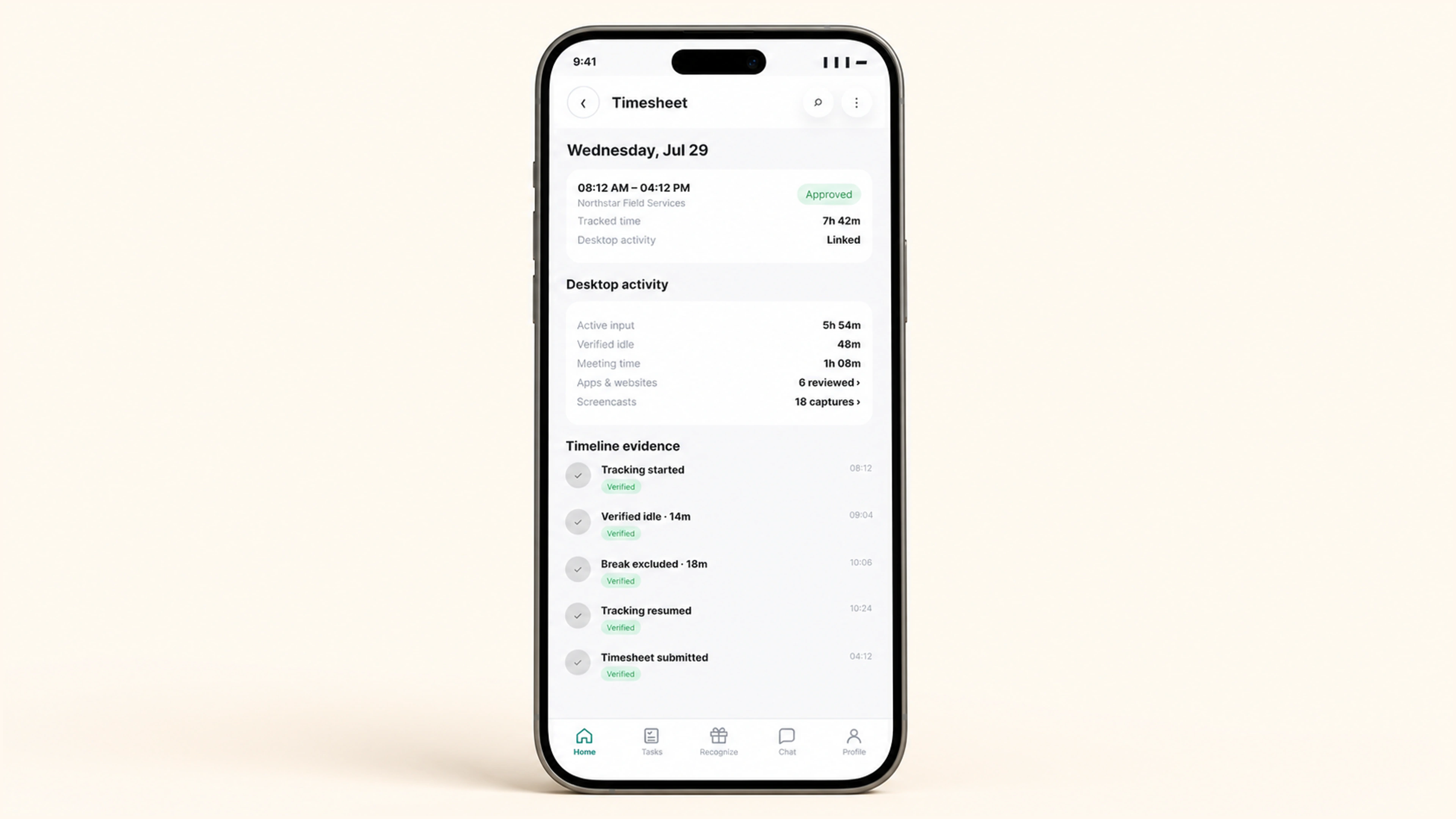 Desktop Tracker: The same evidence flows into timesheets.