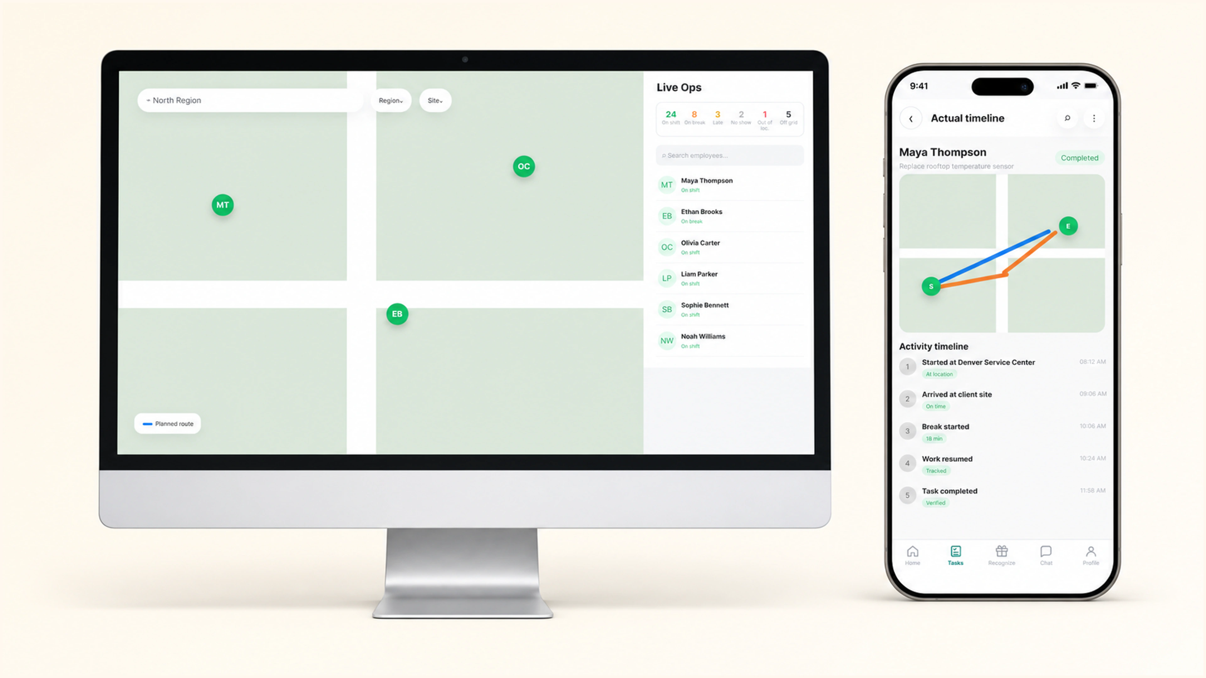 Interactive LiveOps map and employee activity timeline in one Incentify 3D composition