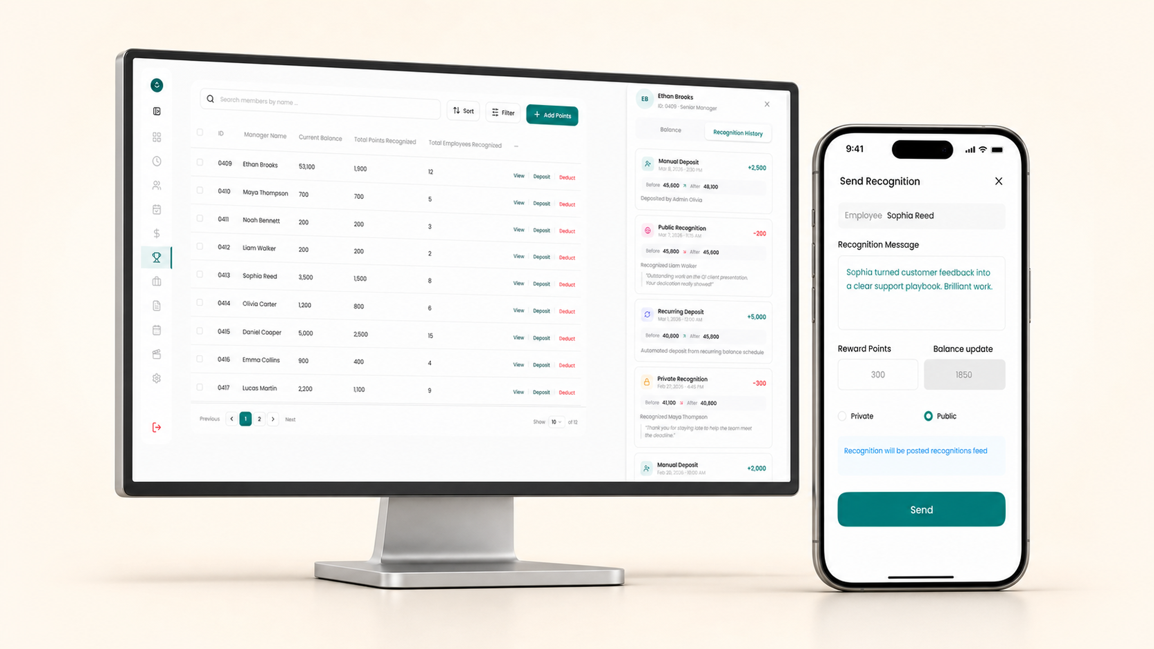 Manager budget and public recognition screens in one Incentify 3D composition
