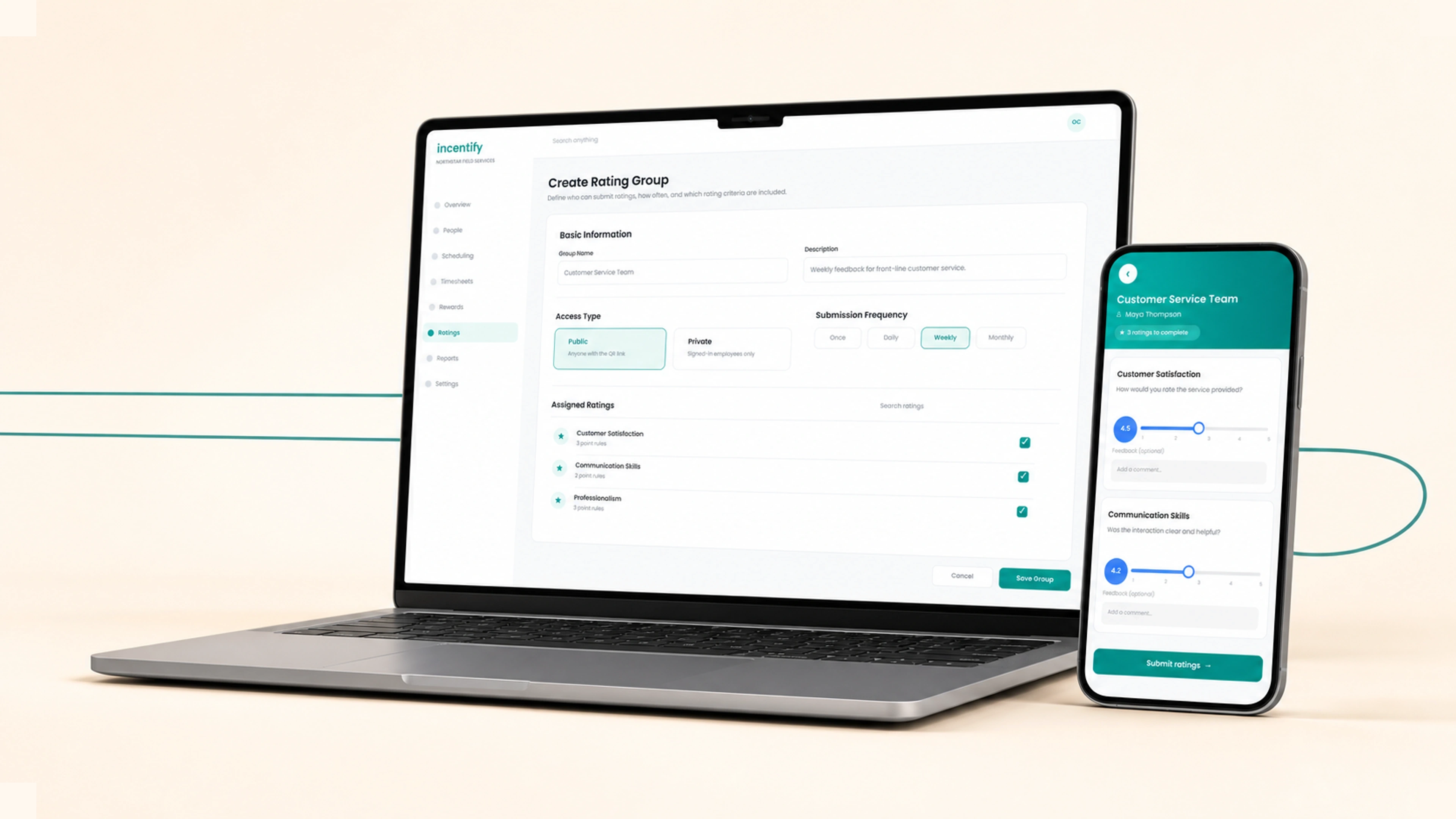 Create Rating Group and private rating submission screens in one Incentify 3D composition