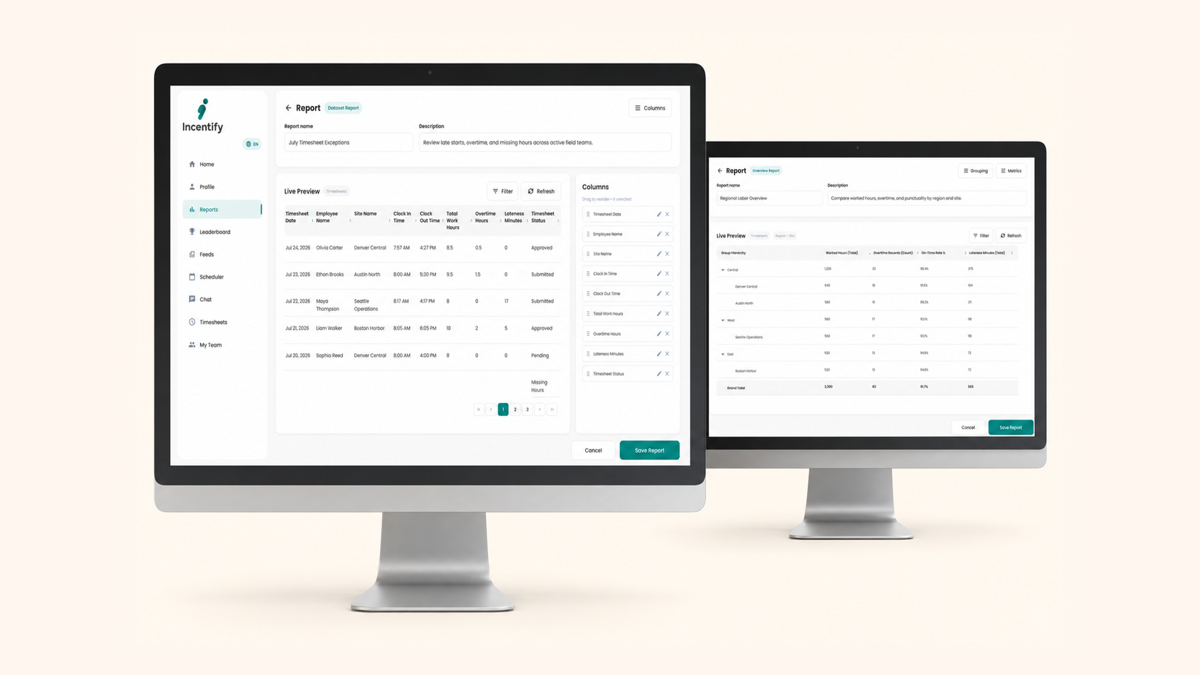 Dataset Reports and Overview Reports screens in one Incentify 3D composition