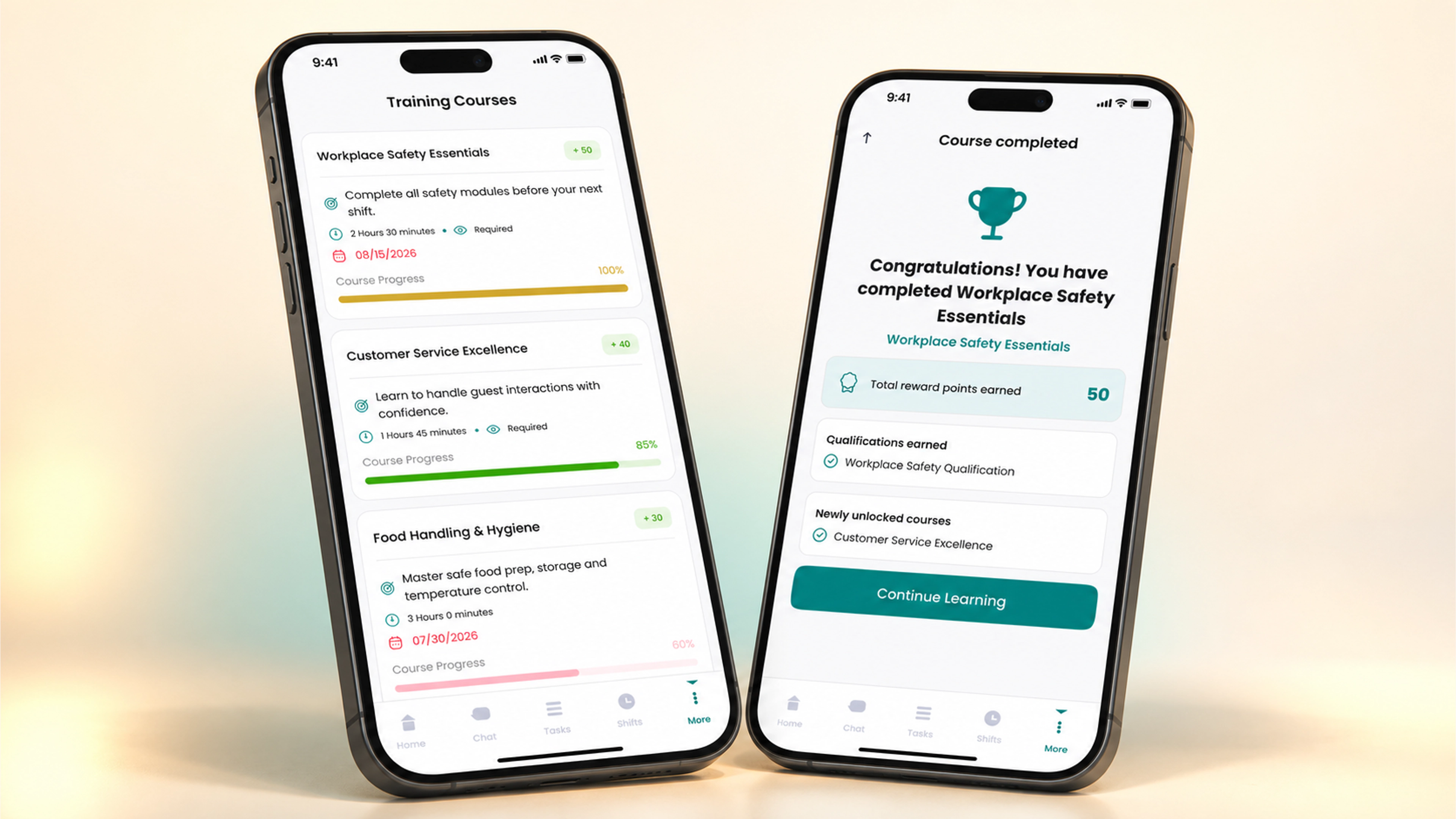 Two 3D Incentify phones showing the Training course library and course completion screens
